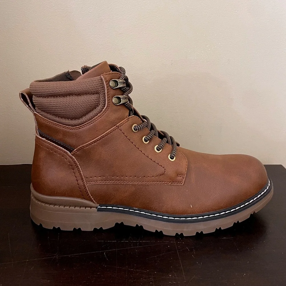 Clowse Mens Cognac Brown Faux Leather Side Zip Lace Up Combat Ankle Boots 8